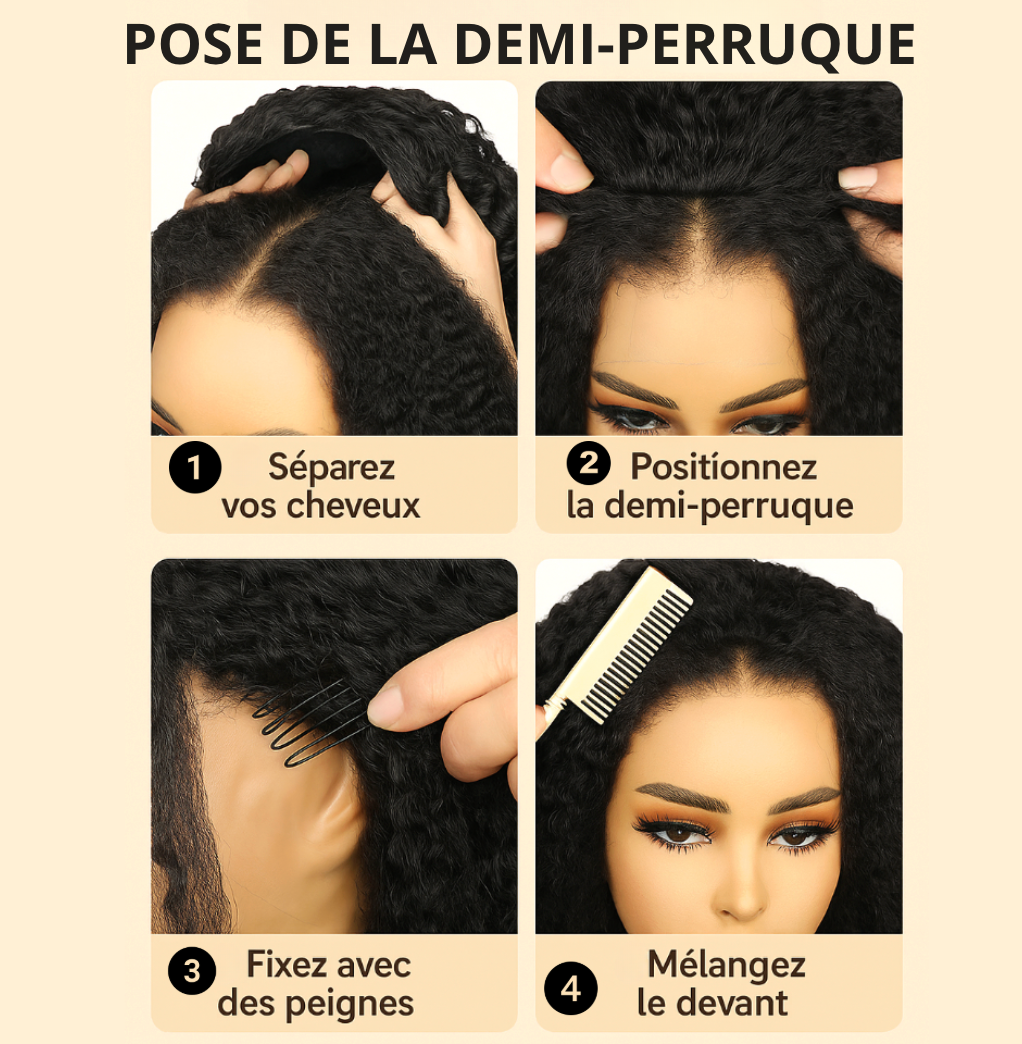 3 in 1 Half Wig | Curly Wig with Drawstring, Natural Hairline, 100% Human Hair